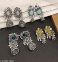 Oxidised Silver Chandbali Jhumkas with Coloured Stones – Pack of 4