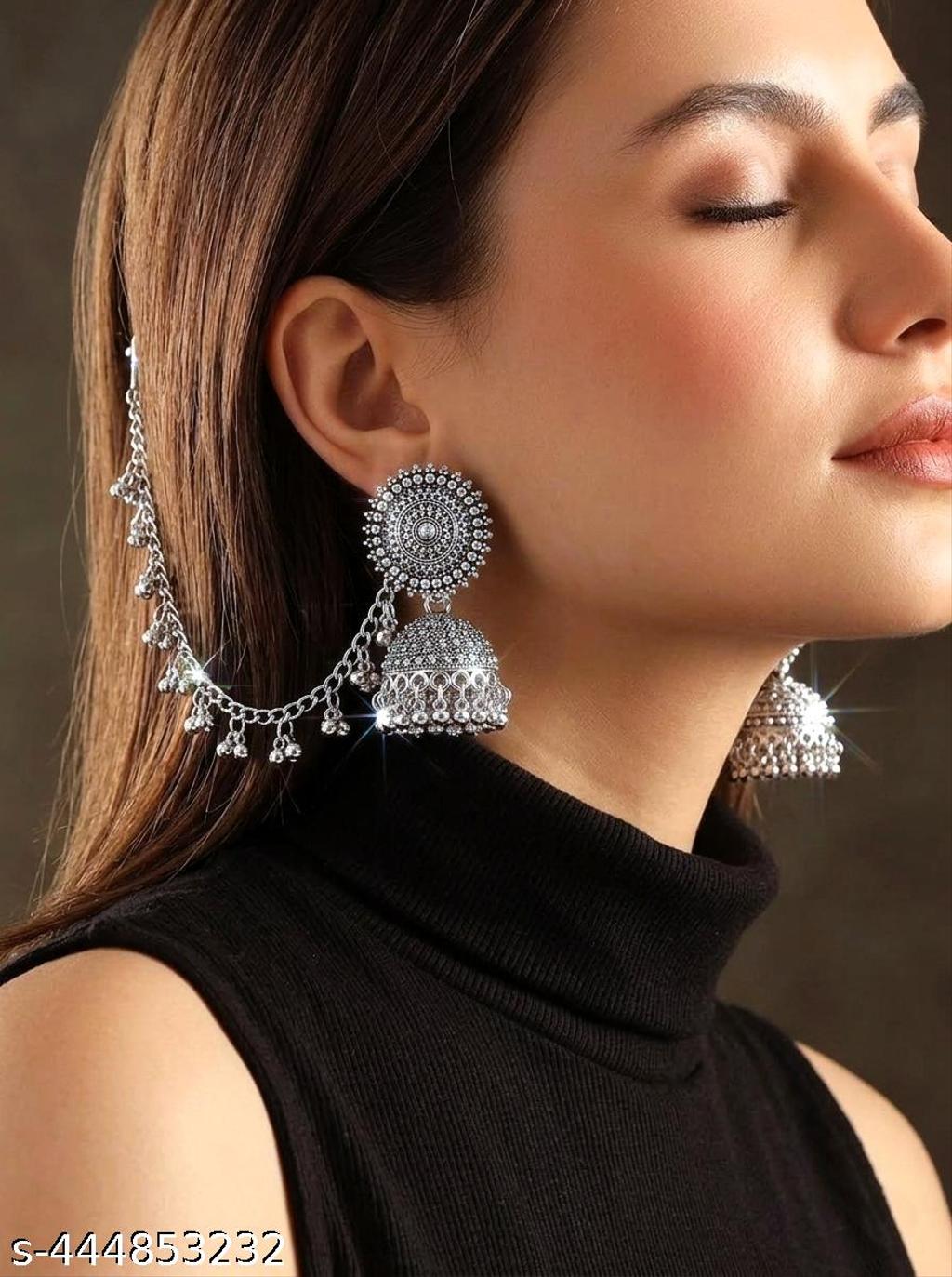 Oxidised Silver Bahubali Jhumka with Hair Chain – view 2