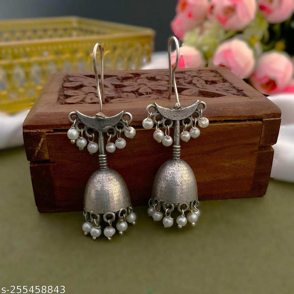 Oxidised Silver Bell Jhumkas with Pearls