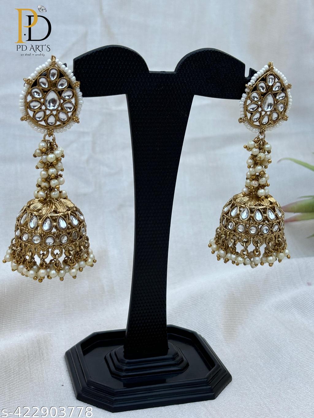 Premium Oxidised Gold Jhumka with White Stones – view 2