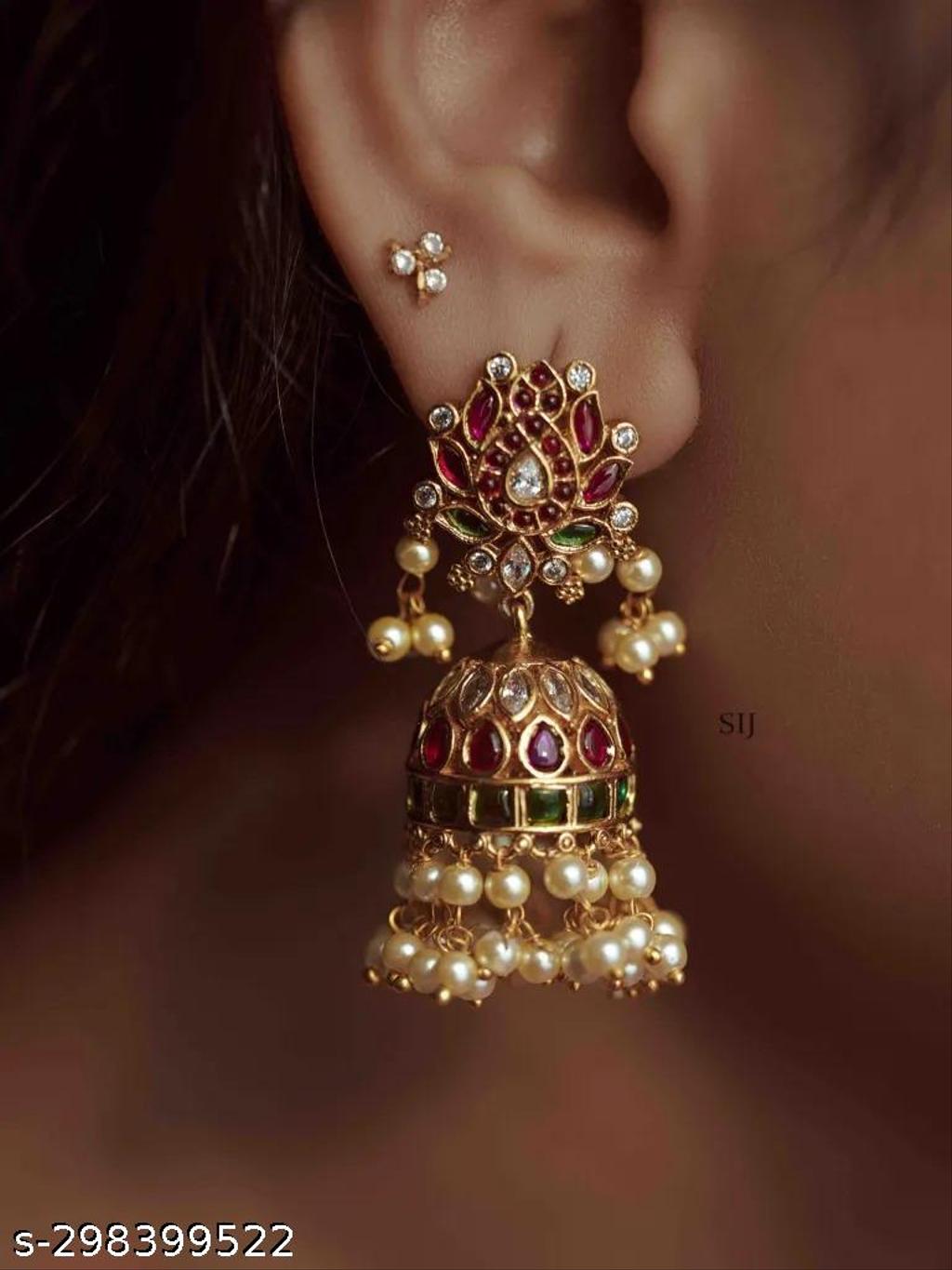 Premium Matte Gold Kemp Stone Pearl Jhumka – view 2