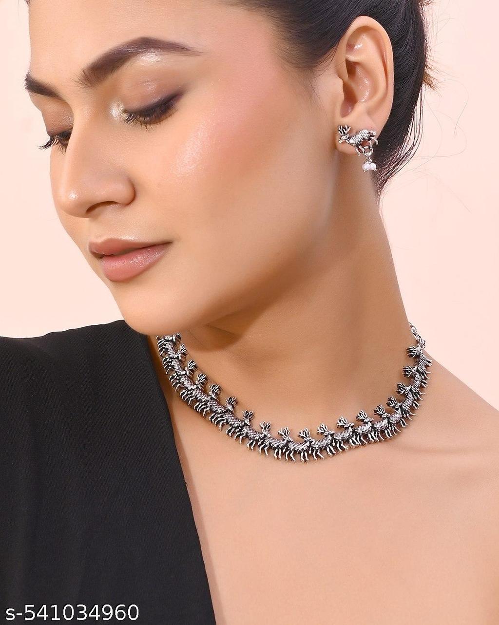 Traditional Oxidised Silver Necklace & Earrings Set – view 2