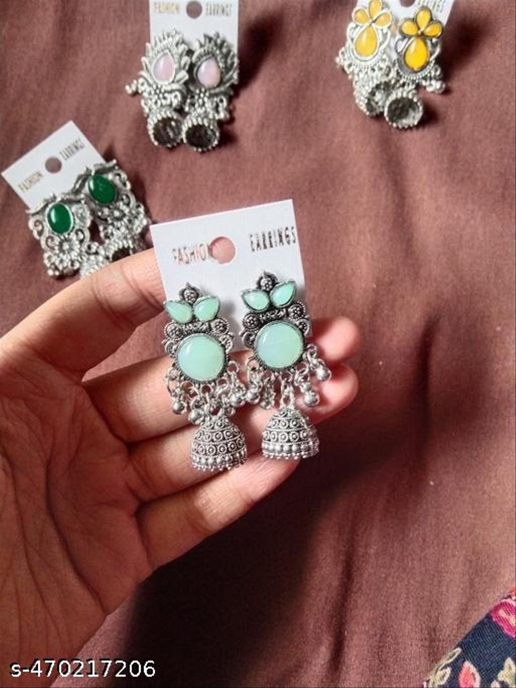 Oxidised Silver Chandbali Jhumkas with Coloured Stones – view 2