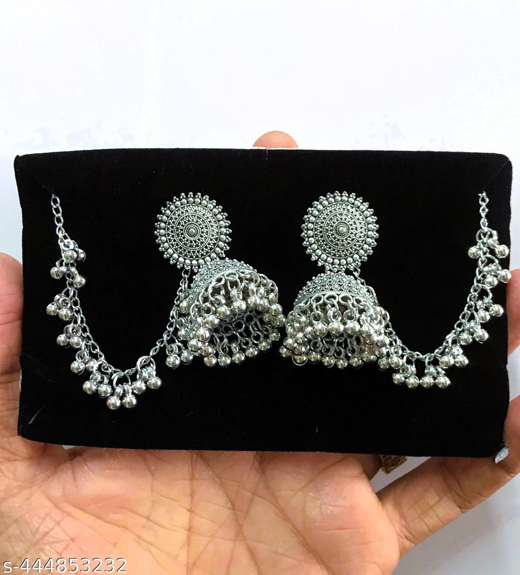 Oxidised Silver Bahubali Jhumka with Hair Chain – view 3