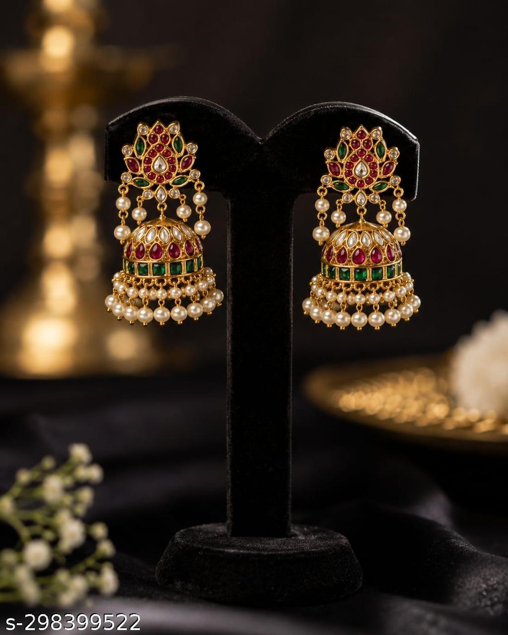 Premium Matte Gold Kemp Stone Pearl Jhumka – view 3