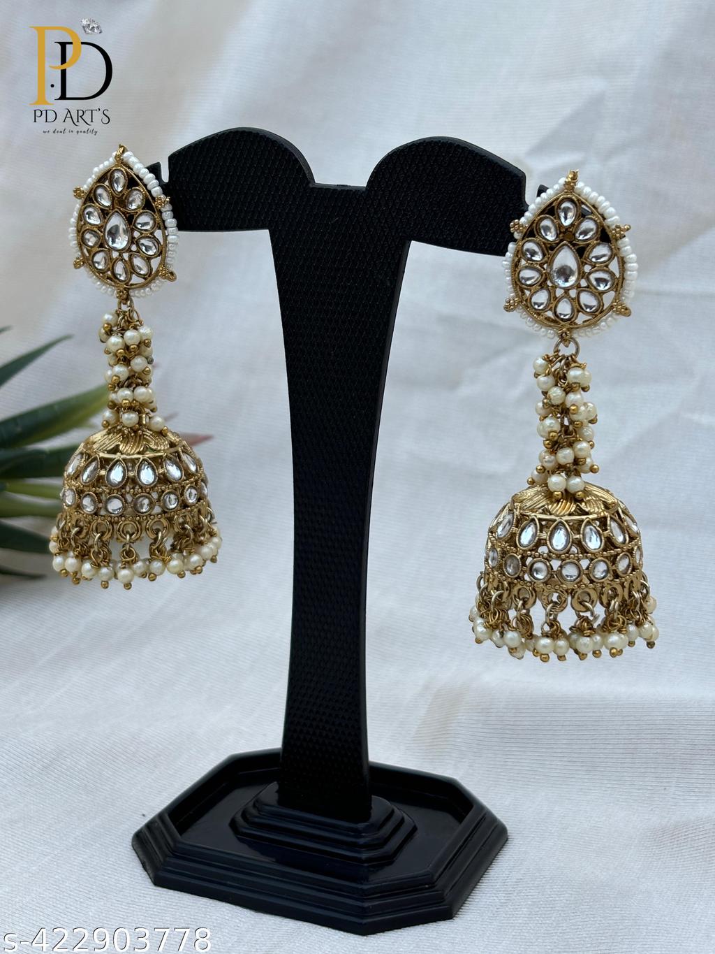 Premium Oxidised Gold Jhumka with White Stones – view 3