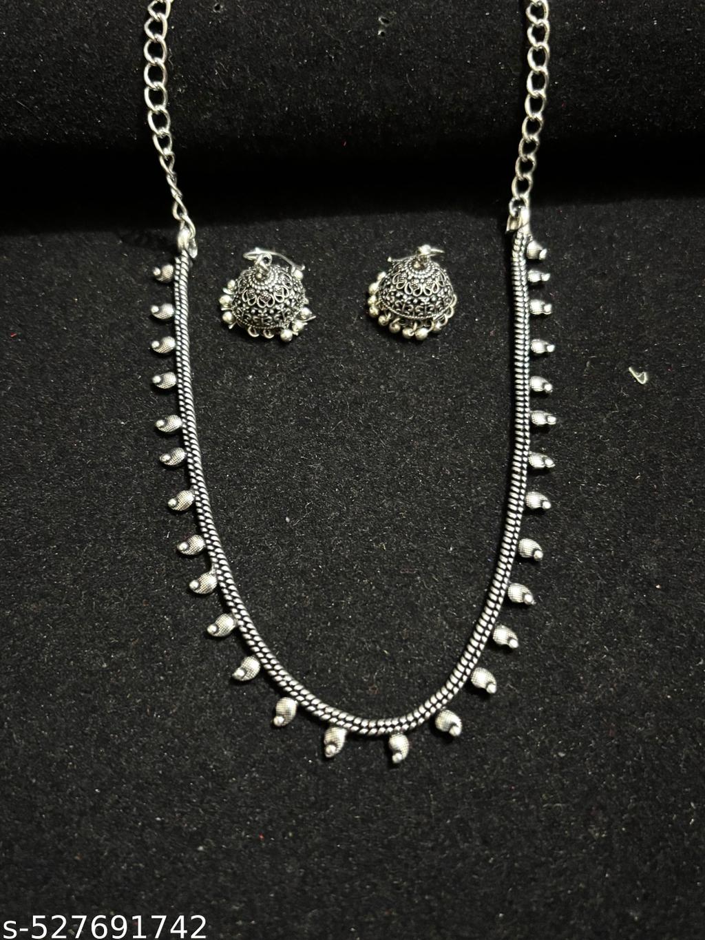 Oxidised Silver Necklace with Small Jhumka Earrings – view 4