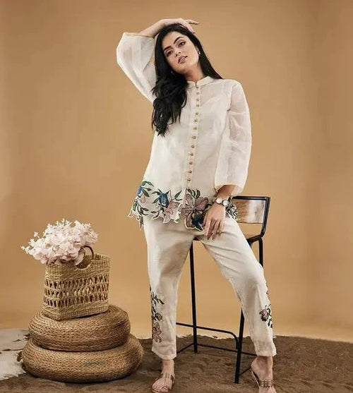 woman in designer embroidered silk blend co-ord set