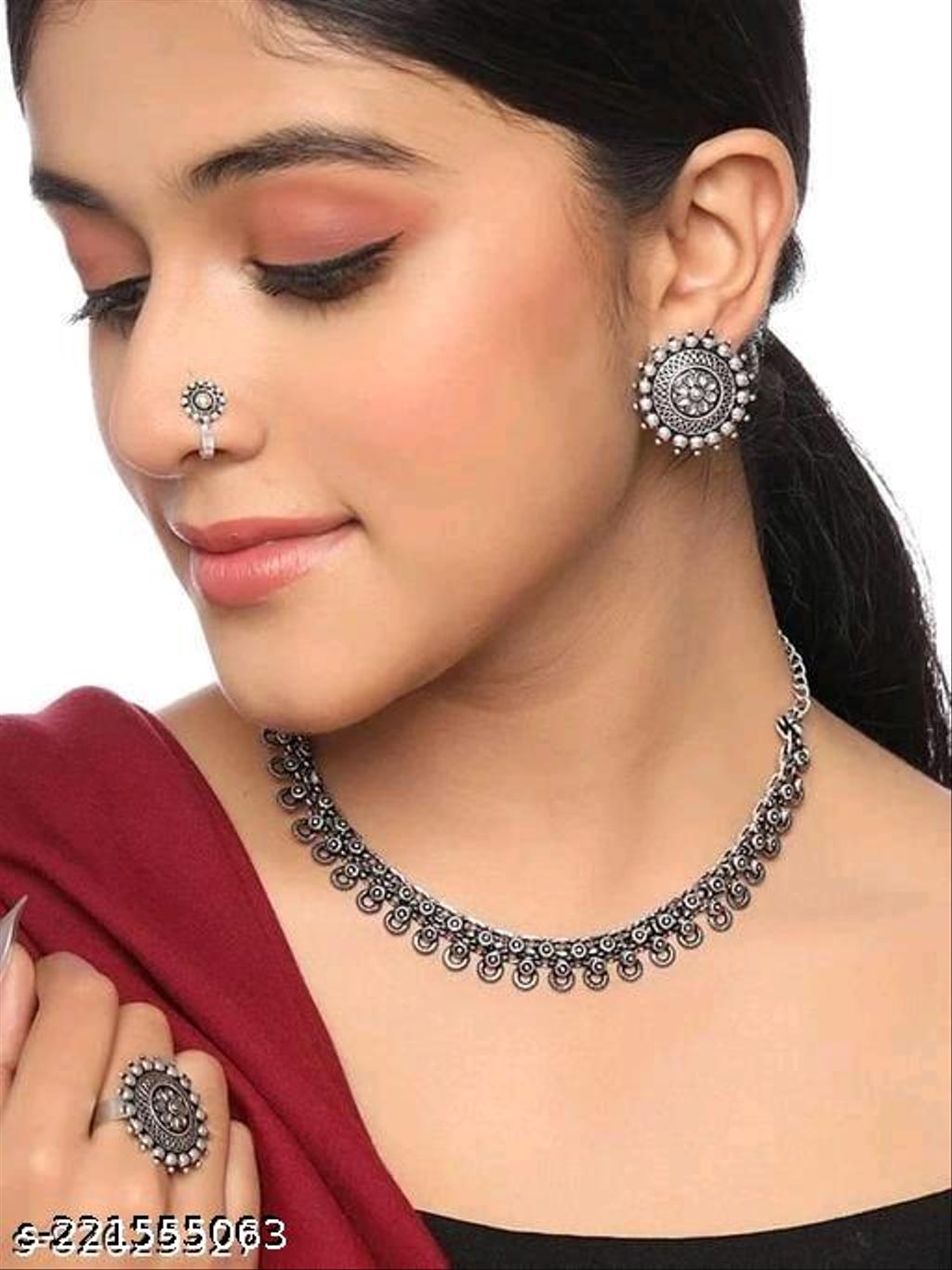 Oxidised Silver Choker Necklace Set with Earrings – view 2