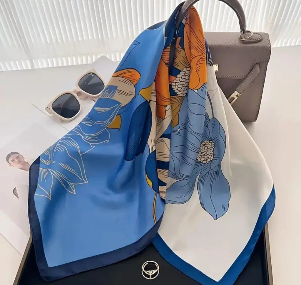 Blue floral printed satin square scarf