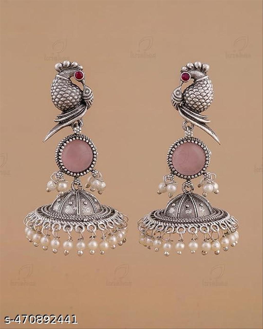 Bird Design Oxidised Jhumka Earrings with Pearls – view 4