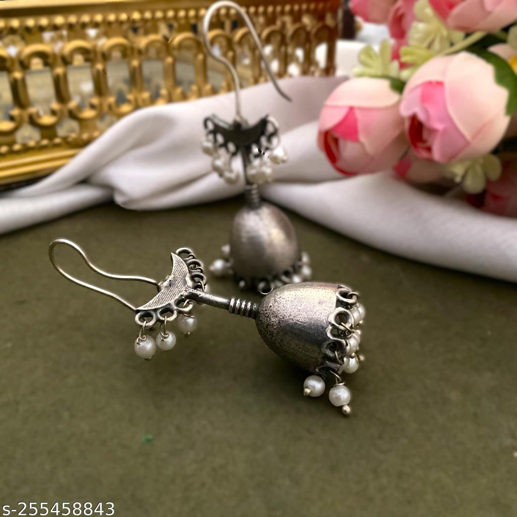 Oxidised Silver Bell Jhumkas with Pearls – view 3