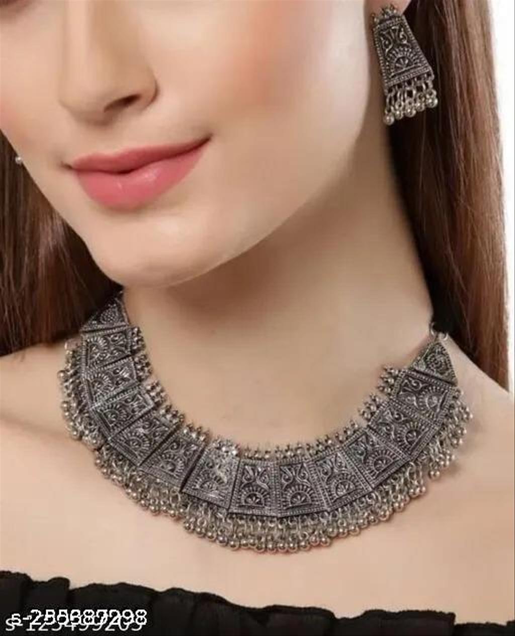 Oxidised Silver Statement Necklace Set – view 4