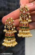 Premium Matte Gold Kemp Stone Pearl Jhumka