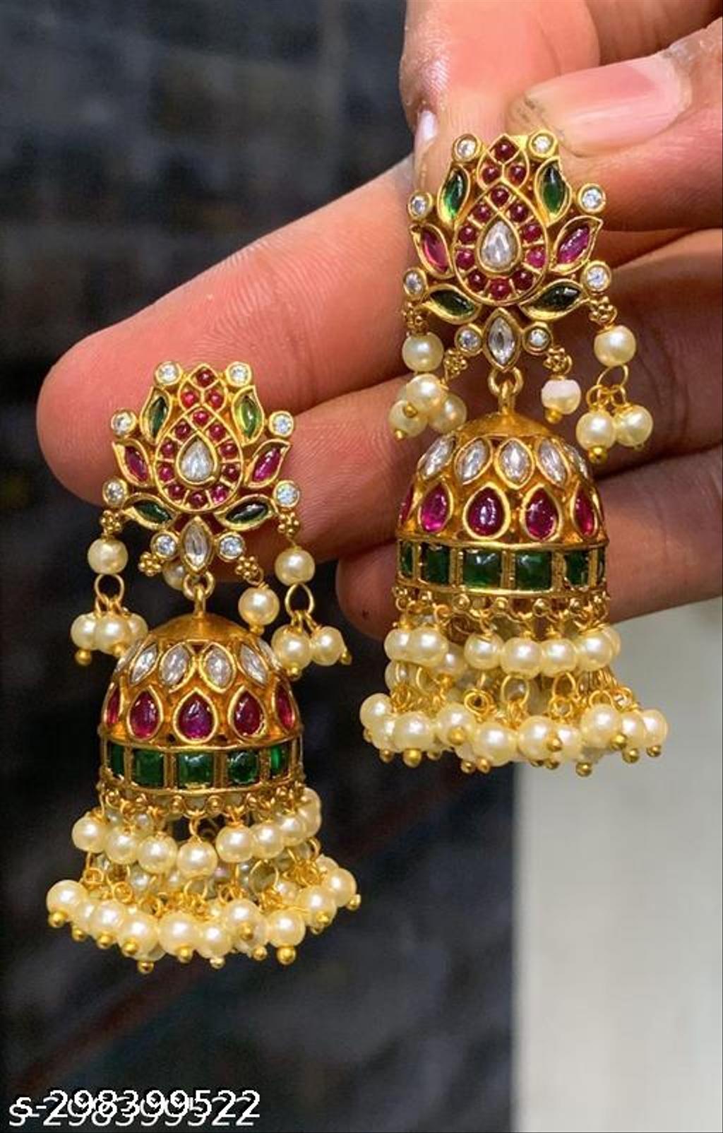 Premium Matte Gold Kemp Stone Pearl Jhumka