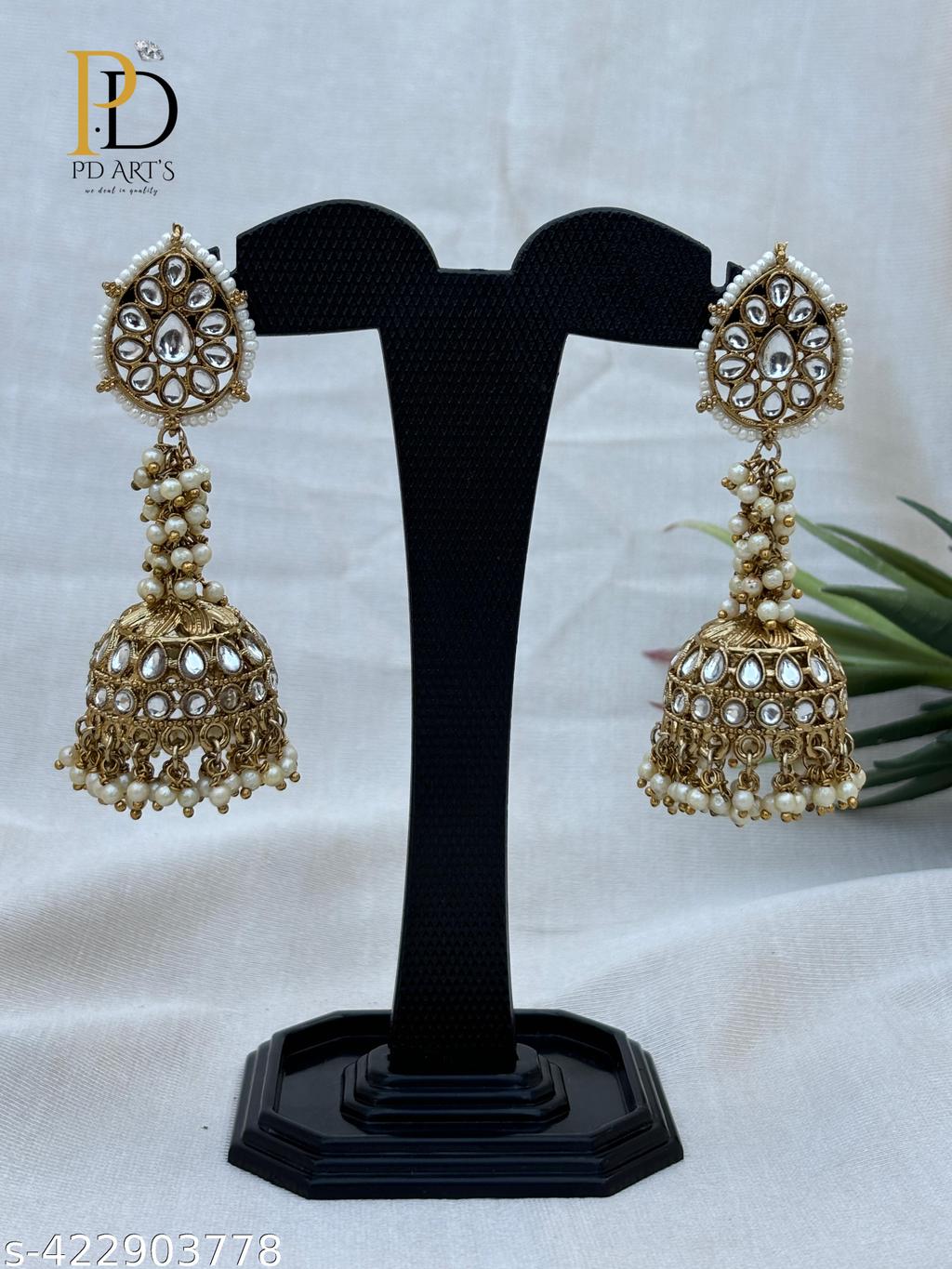 Premium Oxidised Gold Jhumka with White Stones