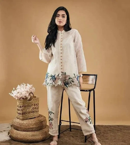 woman in designer embroidered silk blend co-ord set – view 2