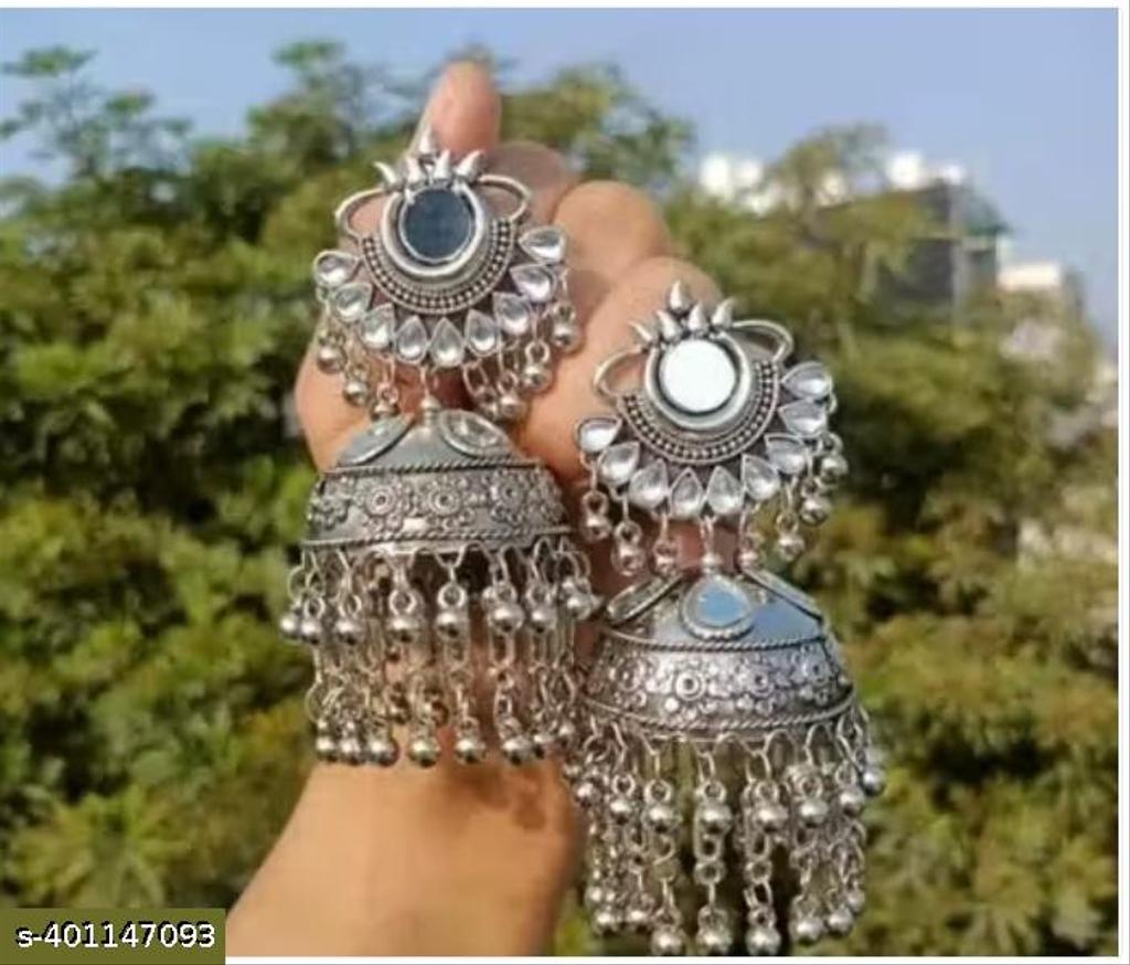 Mirror Work Oxidised Silver Jhumka Earrings – view 4