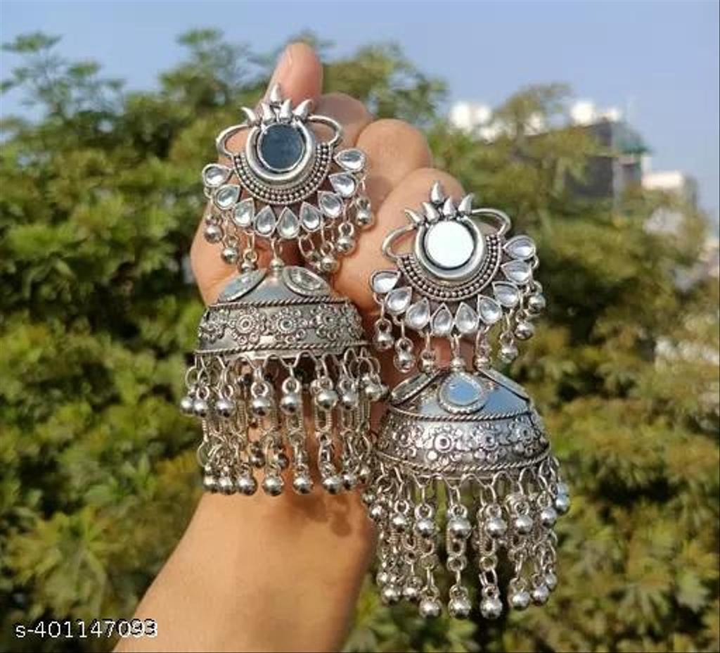 Mirror Work Oxidised Silver Jhumka Earrings