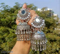 Mirror Work Oxidised Silver Jhumka Earrings