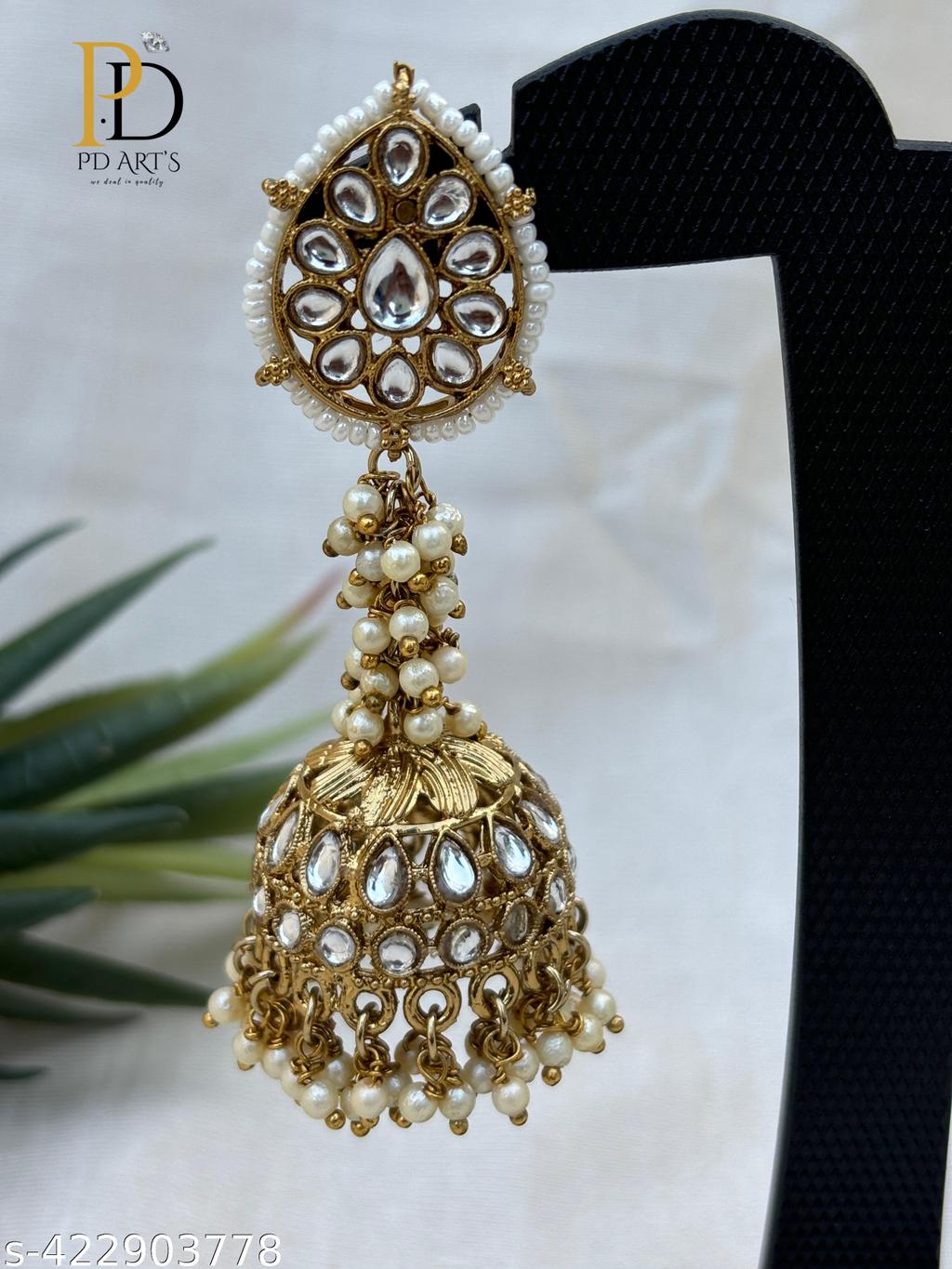 Premium Oxidised Gold Jhumka with White Stones – view 4