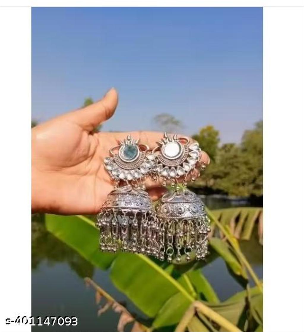 Mirror Work Oxidised Silver Jhumka Earrings – view 3