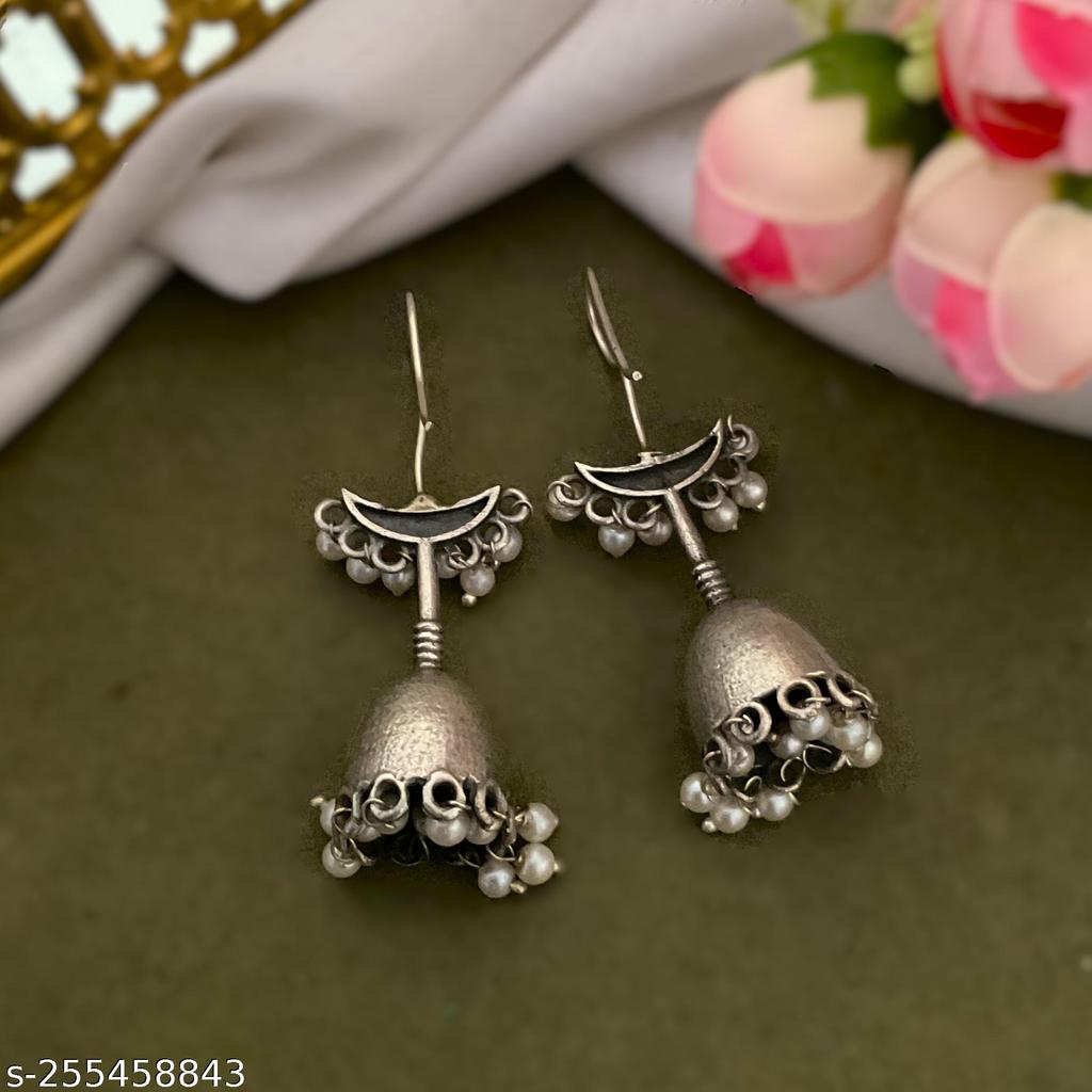 Oxidised Silver Bell Jhumkas with Pearls – view 2