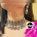 Kundan Work Oxidised Silver Choker & Earrings Set